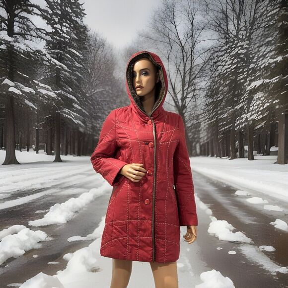 Leega Jacket Coat Red Embroiders Mink And Rabbit Fur Linen Medium Hooded - Picture 2 of 16